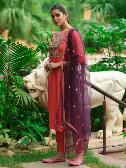 Superb Gajri Red Thread Embroidered Cotton Ready-Made Pant Suit
