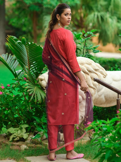 Superb Gajri Red Thread Embroidered Cotton Ready-Made Pant Suit