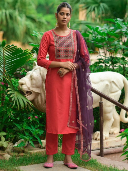 Superb Gajri Red Thread Embroidered Cotton Ready-Made Pant Suit