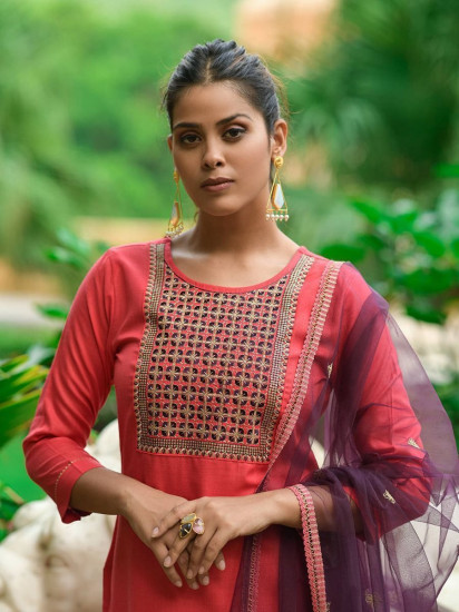 Superb Gajri Red Thread Embroidered Cotton Ready-Made Pant Suit
