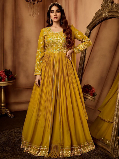 Superb Mustard yellow Sequins Georgette Ready Made Anarkali Suit