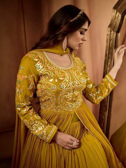 Superb Mustard yellow Sequins Georgette Ready Made Anarkali Suit
