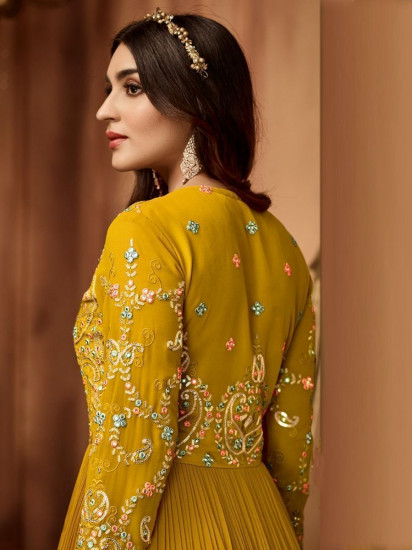 Superb Mustard yellow Sequins Georgette Ready Made Anarkali Suit