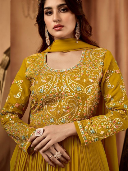 Superb Mustard yellow Sequins Georgette Ready Made Anarkali Suit