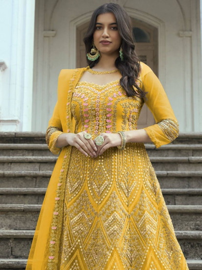 Superb Sunshine Yellow Sequined Embroidery Net Wedding Wear Salwar Kameez