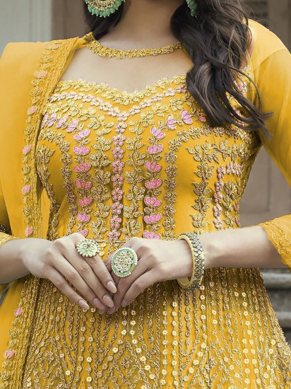 Superb Sunshine Yellow Sequined Embroidery Net Wedding Wear Salwar Kameez