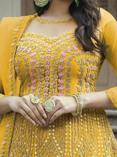 Superb Sunshine Yellow Sequined Embroidery Net Wedding Wear Salwar Kameez
