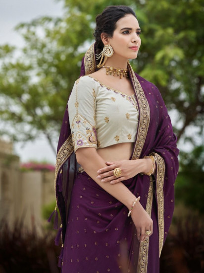Superior Purple Sequined Embroidery Vichitra Party Wear Saree(Un-Stitched)
