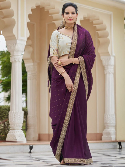 Superior Purple Sequined Embroidery Vichitra Party Wear Saree(Un-Stitched)