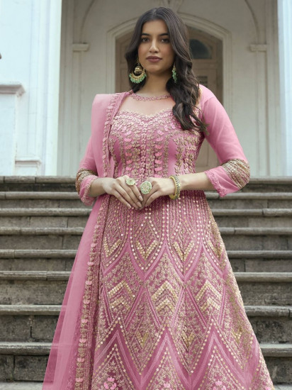 Superlative Pink Zari Embroidered Net Festival Wear Salwar Kameez