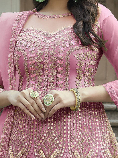 Superlative Pink Zari Embroidered Net Festival Wear Salwar Kameez(semi Stitched)