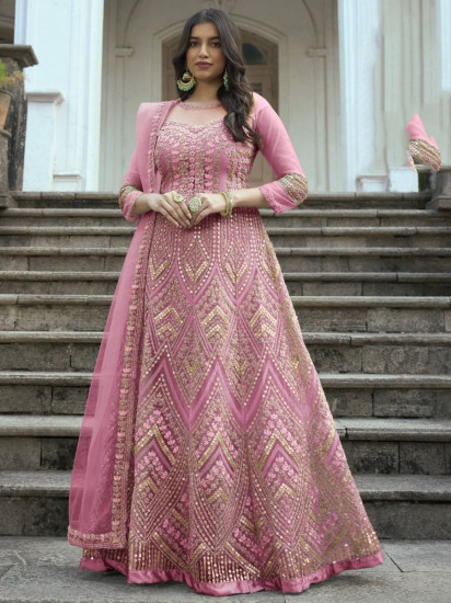 Superlative Pink Zari Embroidered Net Festival Wear Salwar Kameez(semi Stitched)