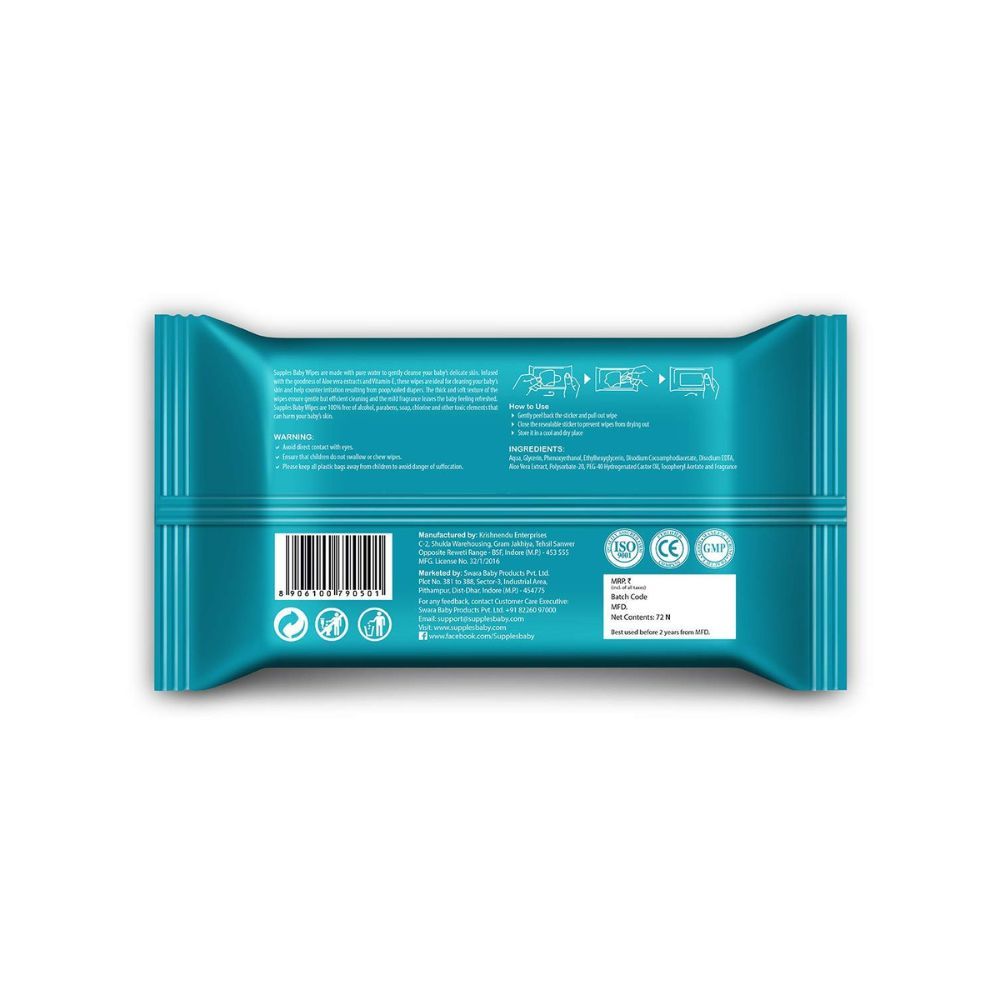 Supples Baby Wet Wipes with Aloe Vera and Vitamin E - 72 Wipes/Pack, (Pack of 3)