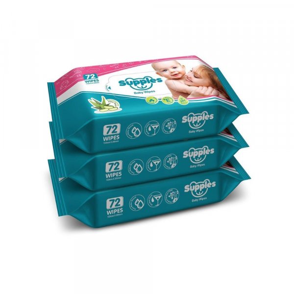 Supples Baby Wet Wipes with Aloe Vera and Vitamin E - 72 Wipes/Pack, (Pack of 3)