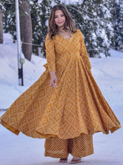 Surprising Yellow Bandhej Printed Cotton Palazzo Suit