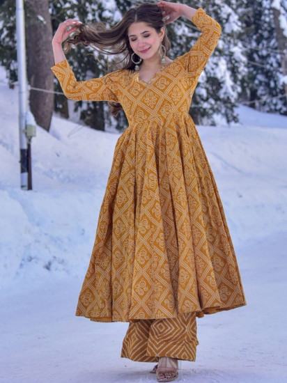 Surprising Yellow Bandhej Printed Cotton Palazzo Suit