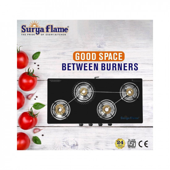 Surya Flame Supreme Gas Stove Glass Top | Stainless Steel Body | LPG Stove with Jumbo Burner & Spill Proof Design - 2 Years Complete Doorstep Warranty (4 Burner, 1)