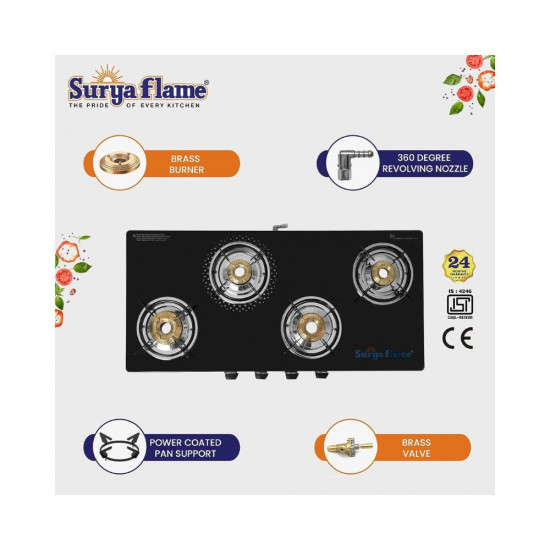 Surya Flame Supreme Gas Stove Glass Top | Stainless Steel Body | LPG Stove with Jumbo Burner & Spill Proof Design - 2 Years Complete Doorstep Warranty (4 Burner, 1)