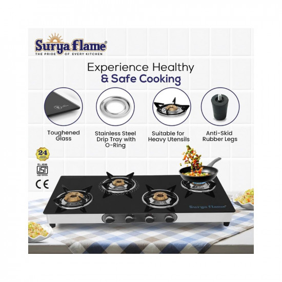 Surya Flame Supreme Gas Stove Glass Top | Stainless Steel Body | LPG Stove with Jumbo Burner & Spill Proof Design - 2 Years Complete Doorstep Warranty (4 Burner, 1)