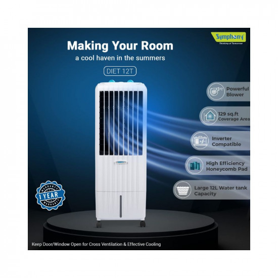 Symphony Diet 12T Personal Tower Air Cooler for Home with Honeycomb Pad, Powerful Blower, i-Pure Technology and Low Power Consumption (12L, White)
