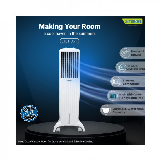 Symphony Diet 35T Personal Tower Air Cooler For Home with Honeycomb Pad, Powerful Blower, i-Pure Technology and Low Power Consumption (35L, White)