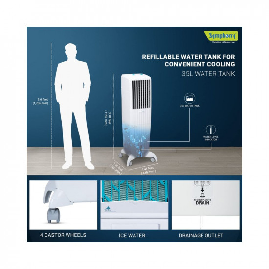 Symphony Diet 35T Personal Tower Air Cooler For Home with Honeycomb Pad, Powerful Blower, i-Pure Technology and Low Power Consumption (35L, White)
