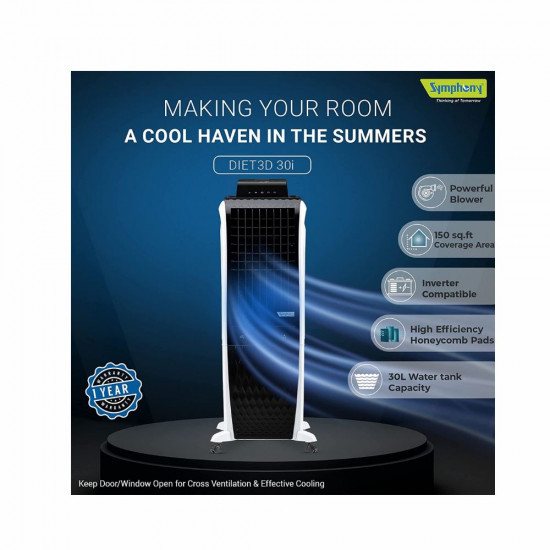 Symphony Diet 3D 30i Portable Tower Air Cooler For Home with 3 Side Honeycomb Pads i Pure Technology and Low Power Consumption 30L