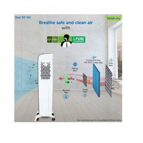 Symphony Diet 3D 55i+ Portable Tower Air Cooler For Home with 3-Side Honeycomb Pads, Magnetic Remote