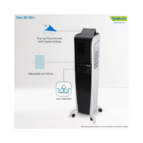 Symphony Diet 3D 55i+ Portable Tower Air Cooler For Home with 3-Side Honeycomb Pads, Magnetic Remote