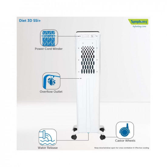 Symphony Diet 3D 55i+ Portable Tower Air Cooler For Home with 3-Side Honeycomb Pads, Magnetic Remote