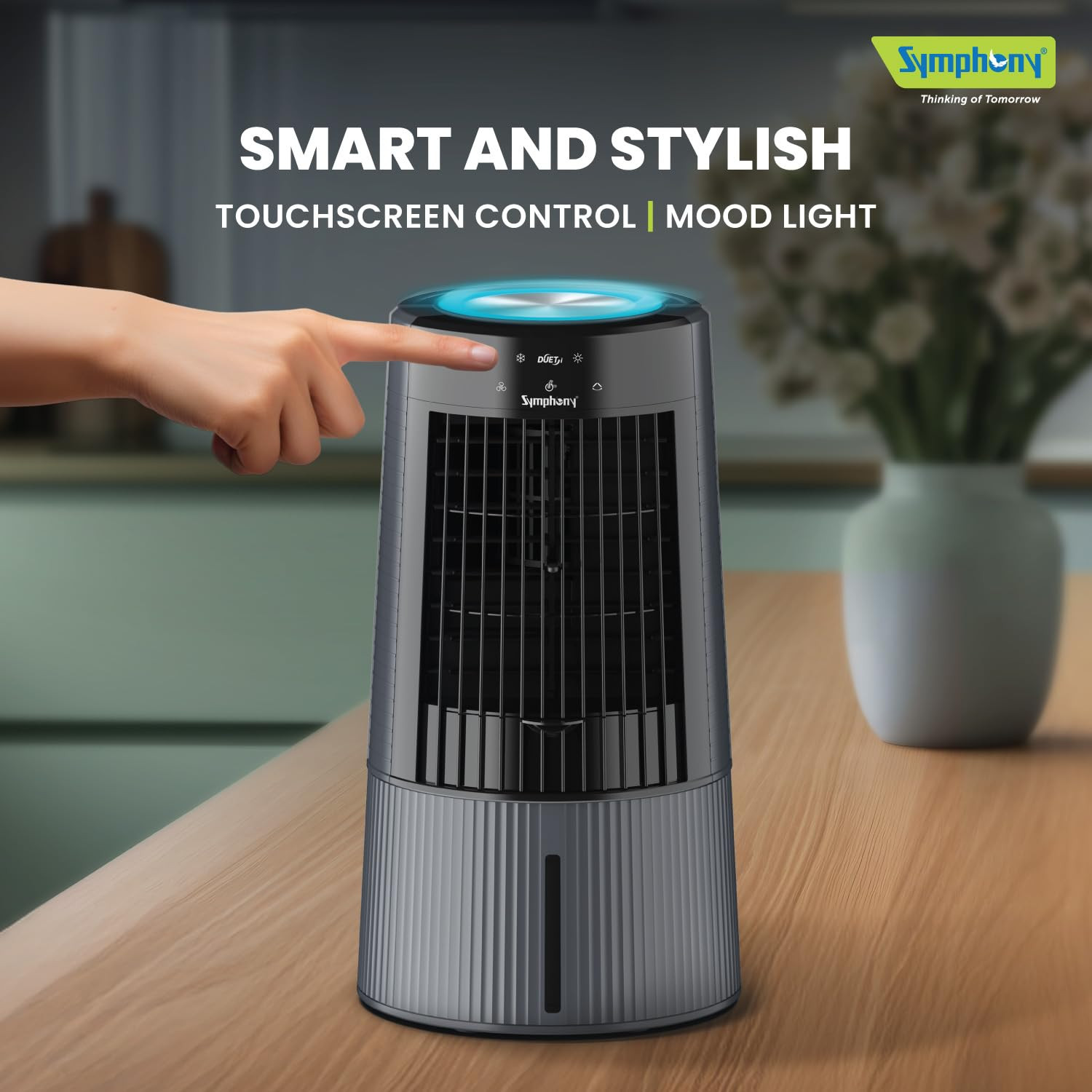 Symphony Duet-i Personal Kitchen Cooling Fan For Home and Office Tabletop with Honeycomb Pad Kitchen Fans for Home Cooking Mini Portable Fan Low Power Consumption 6L Grey