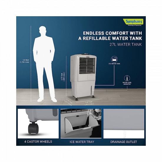 Symphony HiFlo 27 Personal Air Cooler For Home with Powerful Blower
