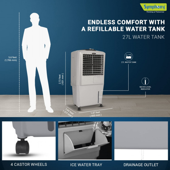 Symphony HiFlo 27 Personal Air Cooler For Home with Powerful Blower, Honeycomb Pads