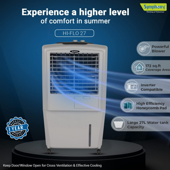 Symphony HiFlo 27 Personal Air Cooler For Home with Powerful Blower, Honeycomb Pads