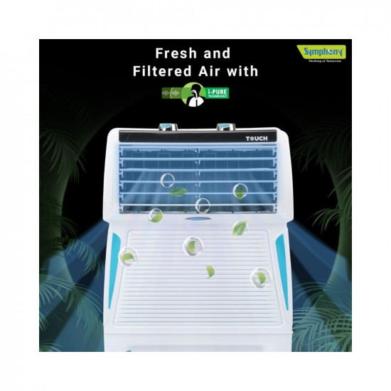 Symphony Touch 20 Personal Air Cooler for Home with Honeycomb Pads, Powerful Blower, i-Pure Technology and Removable Tank (20L, White)