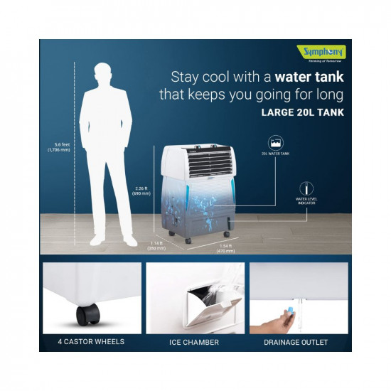 Symphony Touch 20 Personal Air Cooler for Home with Honeycomb Pads, Powerful Blower, i-Pure Technology and Removable Tank (20L, White)