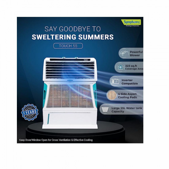 Symphony Touch 55 Personal Air Cooler For Home with 4 Side Aspen Pads