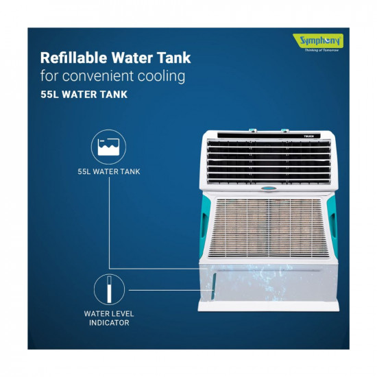 Symphony Touch 55 Personal Air Cooler For Home with 4-Side Aspen Pads, Powerful Double Blowers and Closable Louvers (55L, White)