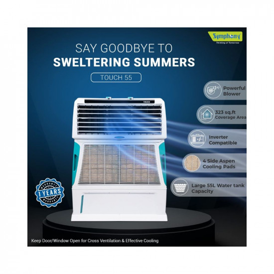 Symphony Touch 55 Personal Air Cooler For Home with 4-Side Aspen Pads, Powerful Double Blowers and Closable Louvers (55L, White)