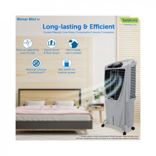 Symphony Winter 80XL i+ Desert Air Cooler For Home with 4-Side Honeycomb Pads, Powerful +Air Fan, i-Pure Technology and Full Function Remote With Timer (80L, Grey)