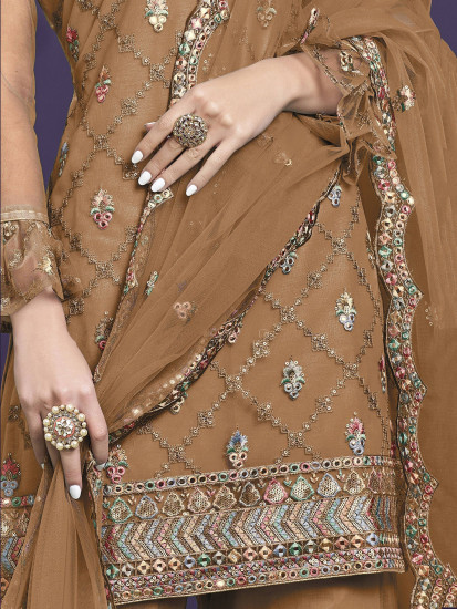 Tawny Brown Butterfly Net Wedding Wear Sharara Suit