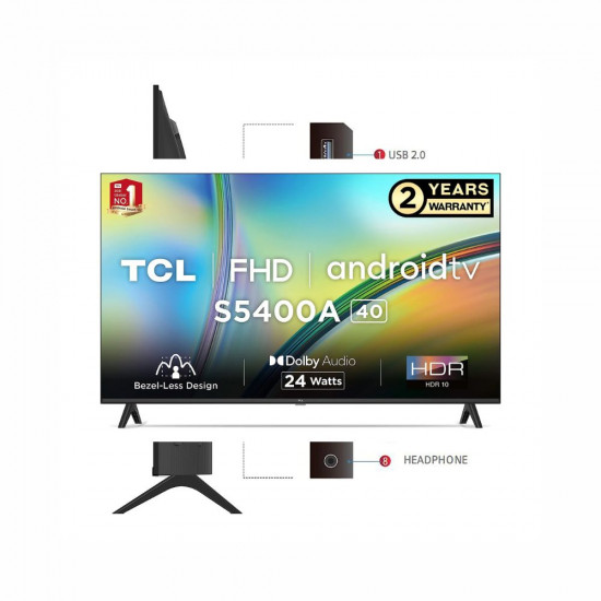 TCL 101 cm 40 inches Bezel Less S Series Full HD Smart Android LED TV 40S5400A Black