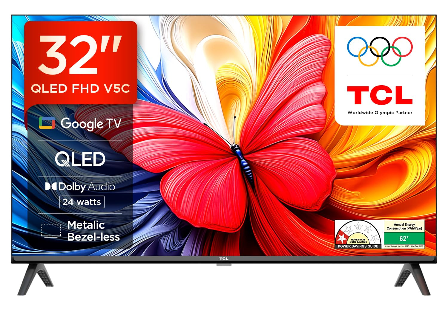 TCL 80 cms 32 inches Full HD Smart QLED Google TV Dolby Audio 24 watts Ai Clarity Metallic Bezel-Less Multiple Viewing Mode 32V5C