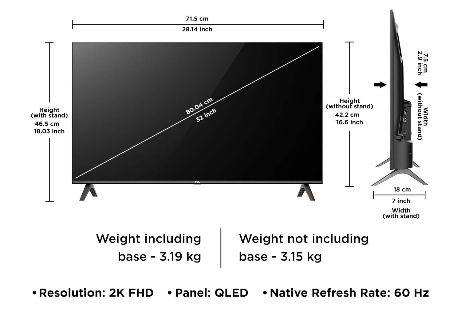 TCL 80 cms 32 inches Full HD Smart QLED Google TV Dolby Audio 24 watts Ai Clarity Metallic Bezel-Less Multiple Viewing Mode 32V5C