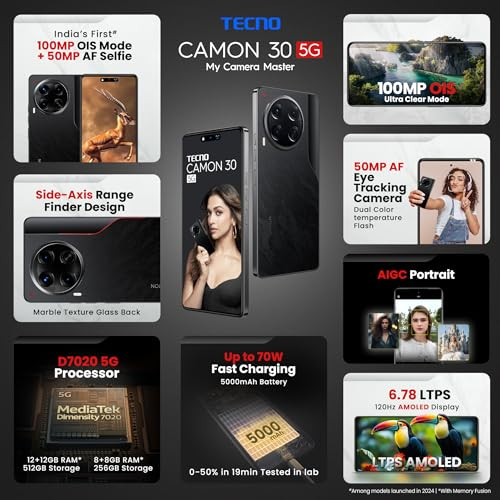 Tecno CAMON 30 5G Basaltic Dark 12GB512GB  100MP OIS Camera  50MP Auto Focus Selfie  678 LTPS AMOLED Display  MediaTek Dimensity 7020  5000mAh Battery  70W Charger