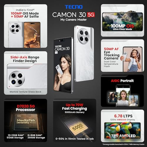 Tecno CAMON 30 5G Uyuni Salt White 12GB512GB  100MP OIS Camera  50MP Auto Focus Selfie  678 LTPS AMOLED Display  MediaTek Dimensity 7020  5000mAh Battery  70W Charger
