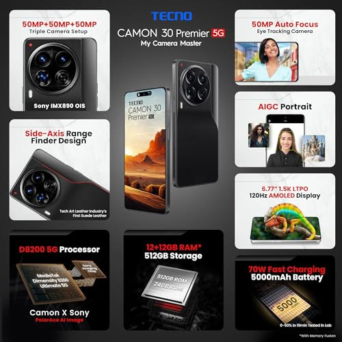 Tecno CAMON 30 Premier 5G Lava Black 12GB512GB  50 MP Camera  677 LTPO AMOLED Display  MediaTek Dimensity 8200  5000mAh Battary  70W Charger PolarAce Image Processor