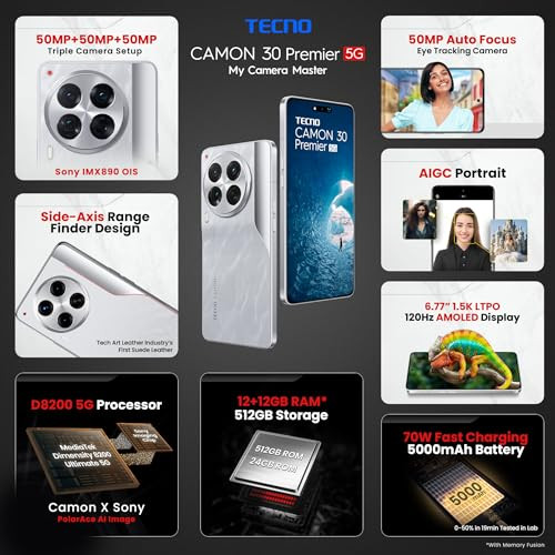 Tecno CAMON 30 Premier 5G Snowy Silver 12GB512GB  50 MP Camera  677 LTPO AMOLED Display  MediaTek Dimensity 8200  5000mAh Battary  70W Charger PolarAce Image Processor