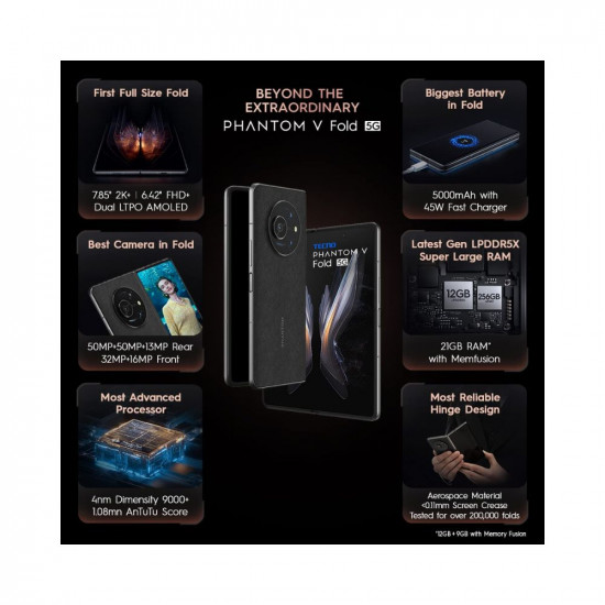 TECNO Phantom V Fold 5G Black (12GB RAM,256GB Storage) | The First Full Size Fold | LTPO AMOLED Display | 4nm D9000+ Fast Processor