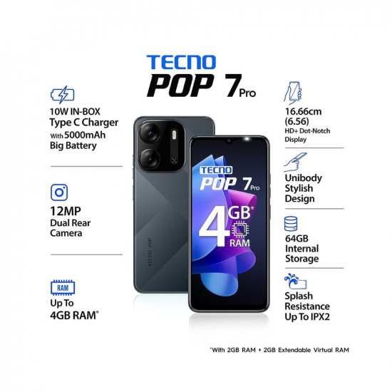 TECNO POP 7 Pro (Endless Black, 2GB RAM,64GB Storage) | Type C Port | 12MP Dual Camera | Up to 4GB RAM with Memory Fusion